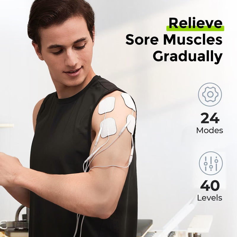 AUVON 3-in-1 TENS Unit Muscle Stimulator, EMS Massage Machine with 40 Intensities for Gradual Shoulder, Sciatica, Back Pain Relief, 24 Modes Rechargeable Electronic Pulse Massager with 12 TENS Pads A Dark Grey