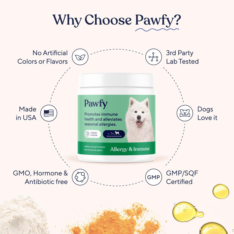 Pawfy Dog Allergy Chews for Large Breed with Itchy Skin & Paw Licking | Allergy & Immune Support for Dogs with Probiotics, Salmon Oil, Turmeric & Vitamin B12 | 30 Turkey Flavoured Chews