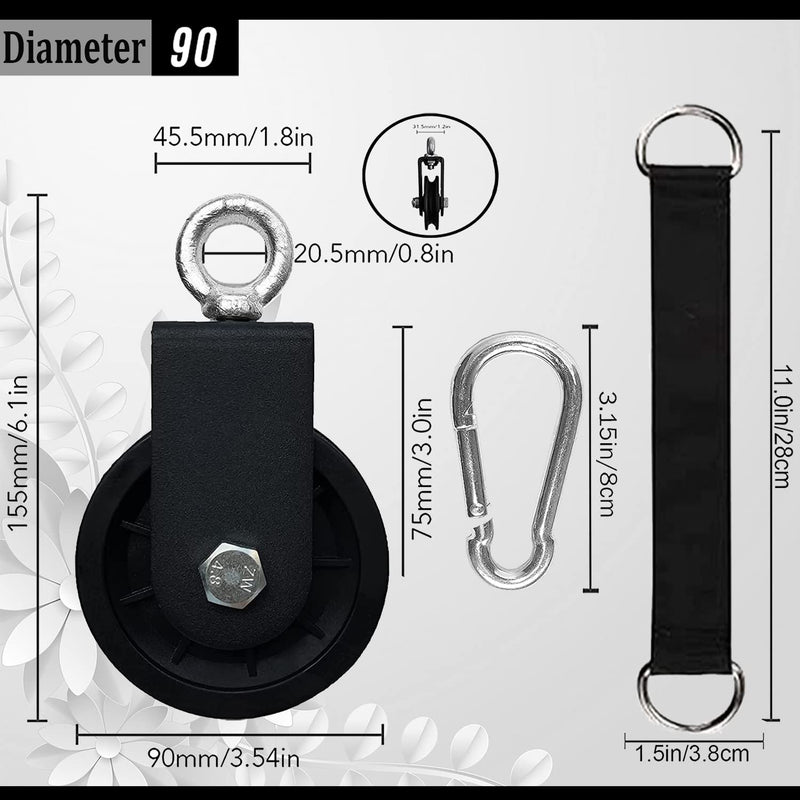 Silent Pulley 360 Degree Rotating Gym Cable Pulley Equipment Wheel with Hanging Straps and Carabiner 3.54 in Snatch Rigging Blocks Pulley Cable Machine Attachment DIY Attachment Lifting Blocks