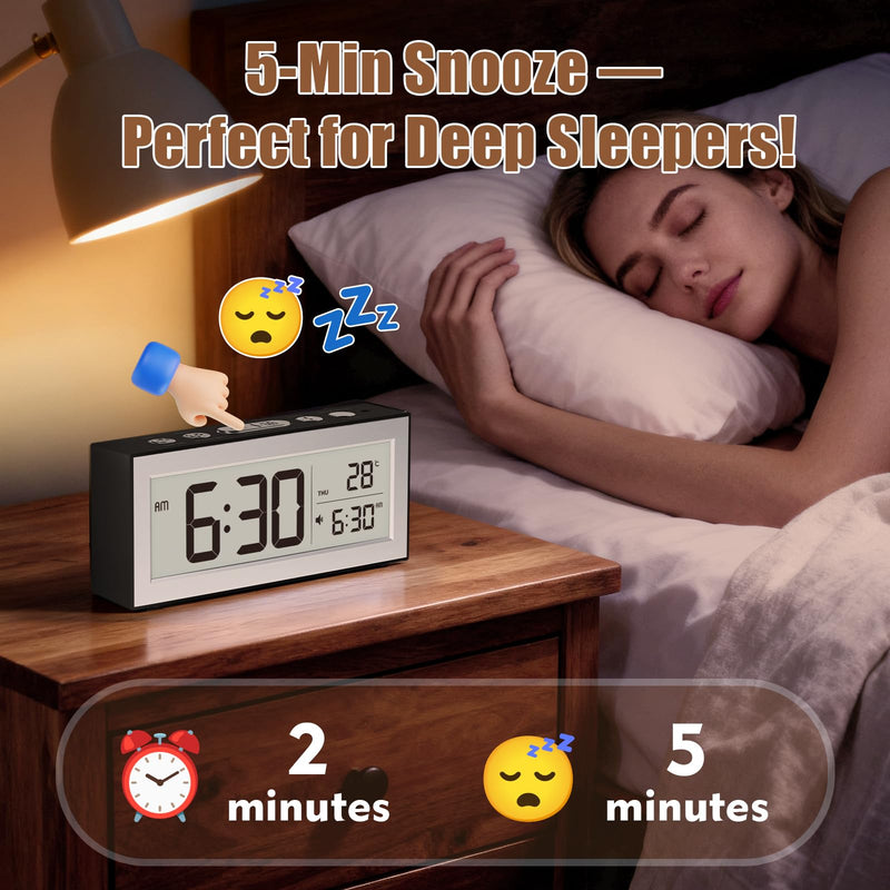 ALANAS Battery Operated Alarm Clock, Portable Digital Clock with Large Display, Snooze, Temperature & Date, Auto-Dim Night Light for Easy Reading, Ideal for Seniors, Kids, Bedroom, Travel, Nightstand Black