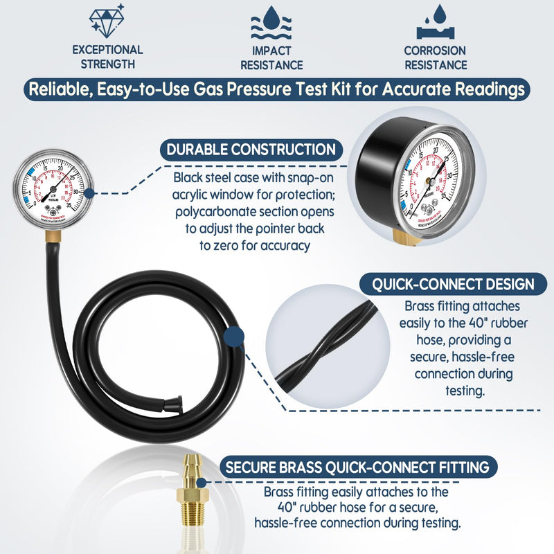 Natural Gas or LP Gas Manifold Pressure Test Kit, Natural Gas Meter, LP Gas Pressure Tester, 0-35" W.C., 1/8" NPT, 40" Length Hose, Replacement for Measureman