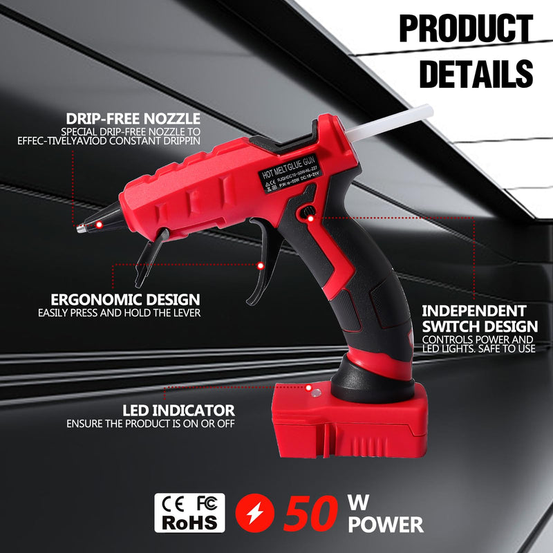 Cordless Hot Glue Gun for Milwaukee M18B, Handheld Glue Gun for Milwaukee 18V Max Li-ion Battery, 30s Quick Preheat, for Arts & Crafts & DIY with 30 0.28'' Glue Sticks (Tool Only) Red