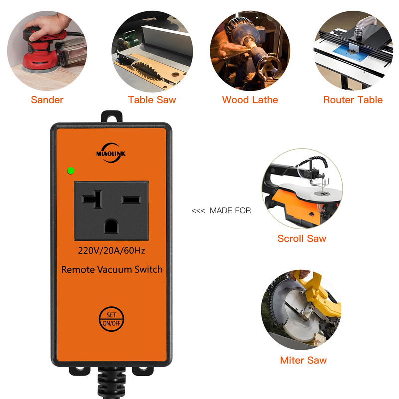 220v Automatic Remote Vacuum Switch， Wireless Remote for Dust Collector and Table Saw Tools Starter Outlet Switch, 5S 10S Delay OFF(Battery Included) 220V