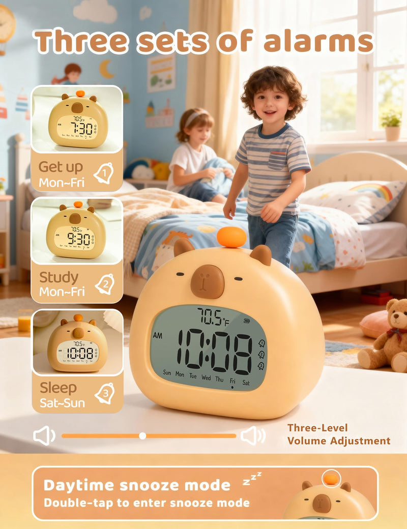 Capybara Kids Alarm Clock with Night Light, Digital Alarm Clock for Bedrooms, USB Rechargeable, 3 Alarms, Snooze, Cute Kawaii Clock for Desk & Back to School Gifts for Boys Girls Capybara