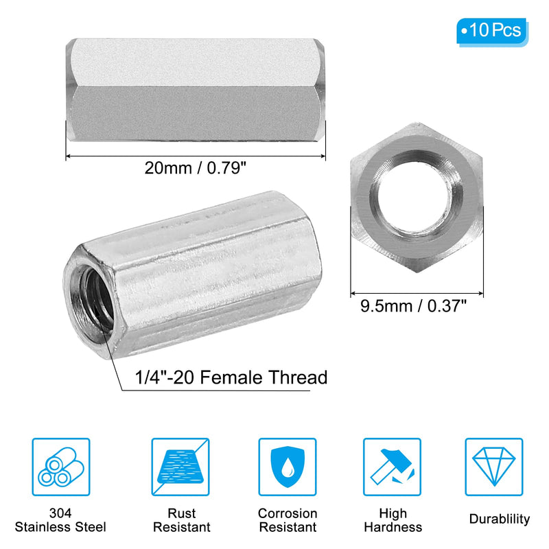 PATIKIL 1/4"-20 UNC Hex Coupling Nuts, 10Pcs 0.79" Long Fully Threaded Rod Coupling Nut Studding Connector Fasteners Galvanized Carbon Steel 1/4"-20 x 0.79" 10