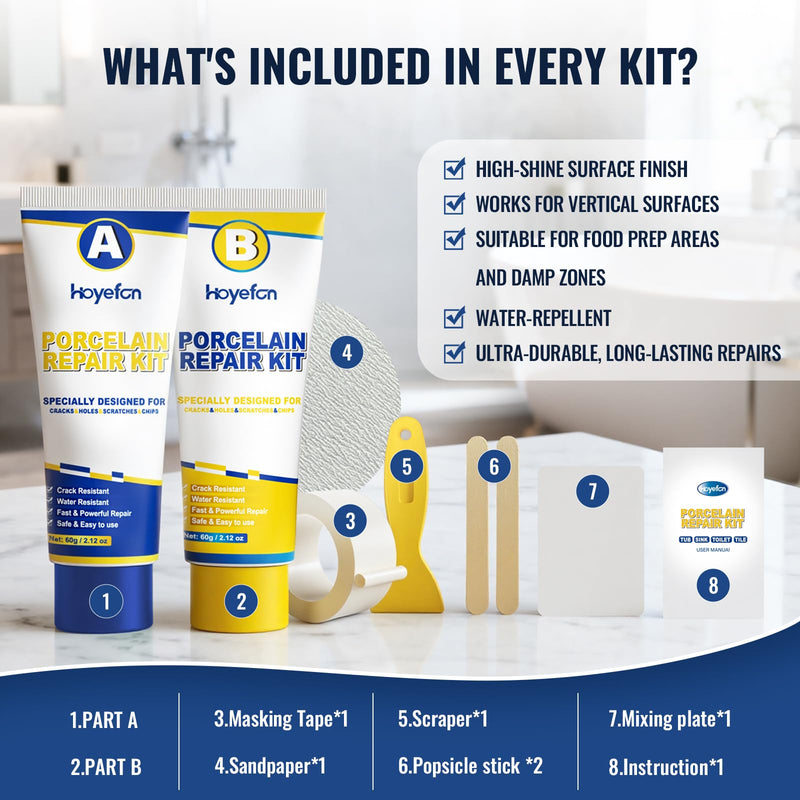 Porcelain Repair Kit White,Tub Chip and Bathtub Repair Kit for Chips, Cracks, Scratches, Rust, Holes on Tubs, Sinks, Tiles, Toilet, Ceramics, Fiberglass, Enamel, Acrylic - NewNest Australia