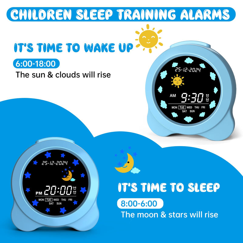 Kids Alarm Clock, Sun & Moon LED Display with Day & Date, Children's Sleep Trainer with Night Light & Sleep Sounds, Cute Wake Up Clock for Kids Bedroom, Easy to Use Birthday Gift for Boy and Girls Sky Blue