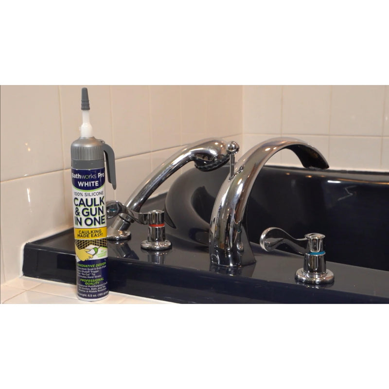 Bathworks Pro Caulk and Gun in One, Adjustable Easy-Flow Trigger, 100% White Silicone (1)