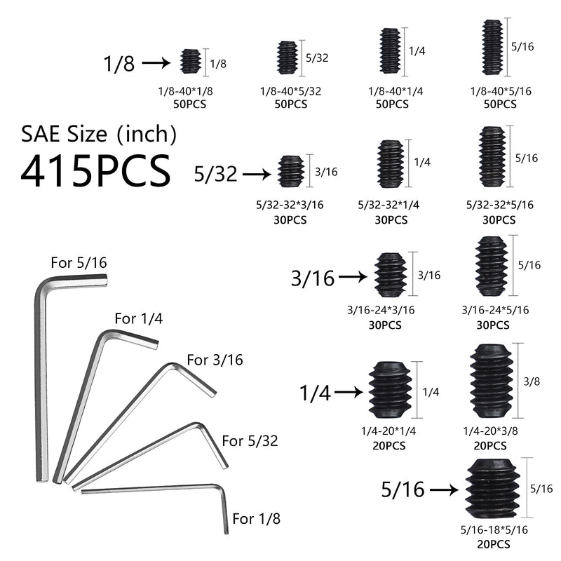 1000pcs Metric + SAE Set Screw Assortment Kit, Internal Hex Drive Cup-Point Allen Screws Set 12.9 Class Alloy Steel Grub Screw (M3-M8, 1/8"-40 to 5/16"-18) Black Set Screws 1000PCS