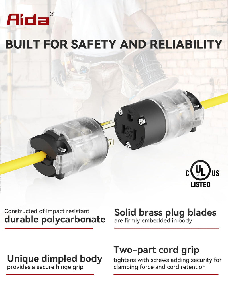 AIDA Lighted Plug and Connector Set, Straight Blade Cord End Replacement, 15 Amp 125Volt, NEMA 5-15P & NEMA 5-15R, 2 Pole 3Wire Grounding, Black, 1 Set