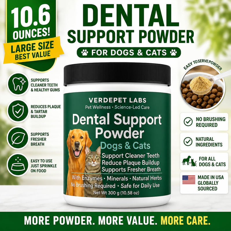 Large 10.6 oz Dog & Cat Dental Powder – Fresh Breath, Plaque & Tartar Support – Easy Sprinkle on Food- Oral Care Formula.