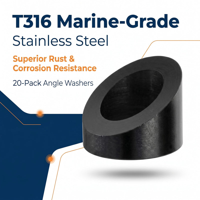 20-Pack 5/16" ID Black T316 Stainless Beveled Washers for Cable Railing | 30° angle, marine-grade T316 stainless steel, 5/16" ID, for 1/8" & 3/16" cable railing, fits wood/metal posts, 20-pack