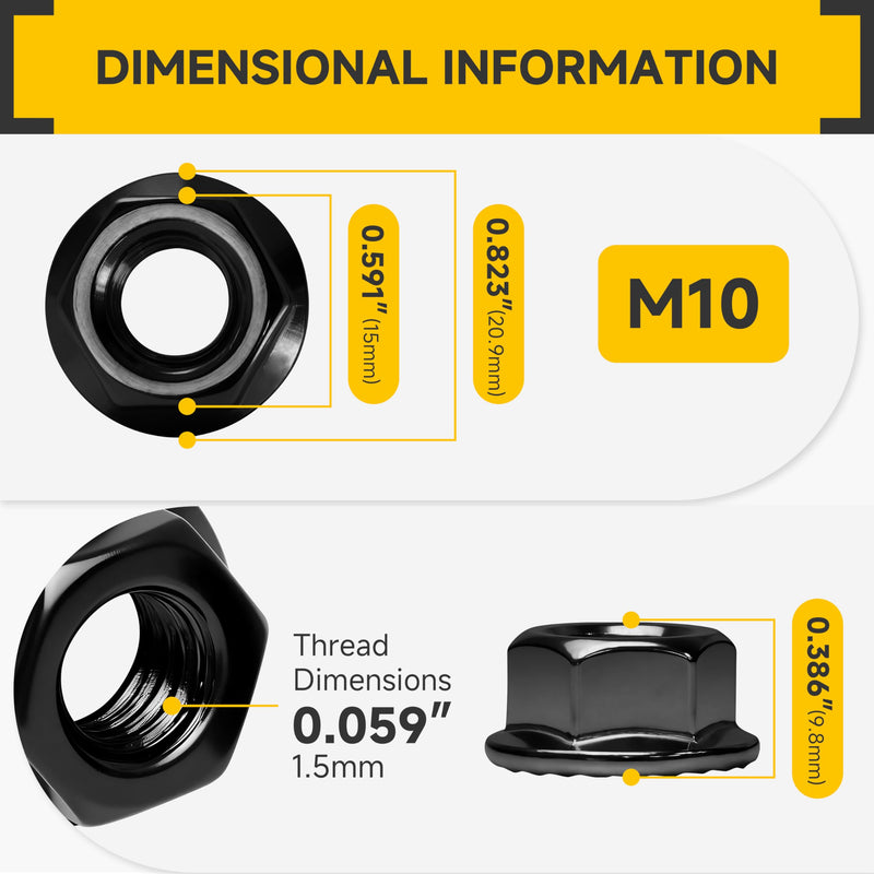 Mywish M10 Serrated Flange Hex Nuts, 100-Pack Grade 10.9 Carbon Steel, Hex Drive M10-1.5 Hardware Nuts, Black Oxided (Black) Carbon Steel