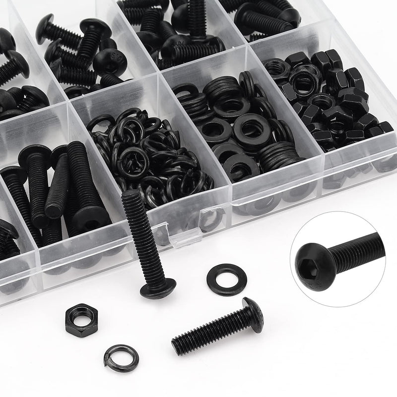 240 Pieces M5 x 6mm /8mm /10mm /12mm /16mm /20mm /25mm, Button Head Socket Cap Screws Bolts Washers Nuts Kit, 10.9 Grade Alloy Steel, Full Threaded, Black