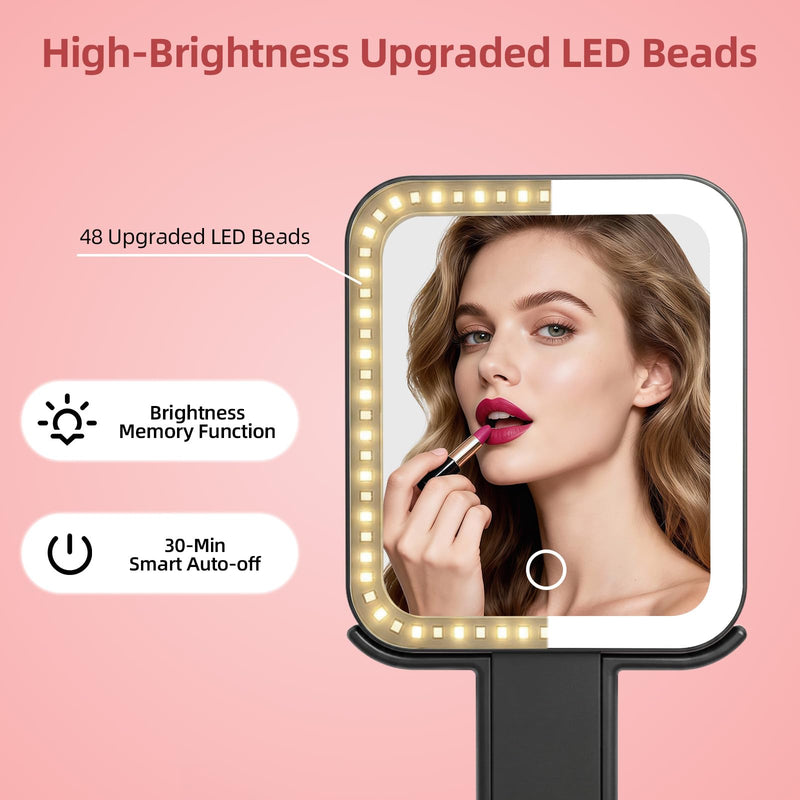 Travel Makeup Mirror with Lights, 1500mAh Rechargeable, Double-Sided 10X/1X Magnification, 3 Color Lighting, Smart Touch Dimming, Precision Tweezers, Lighted Mirror for Desk, Trip, Home, Office, Black
