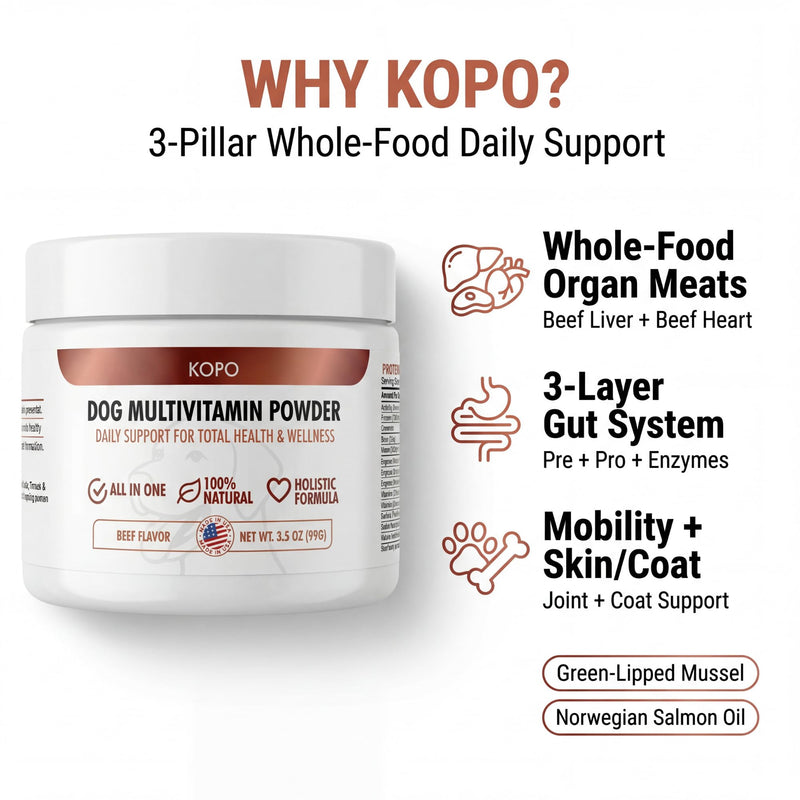 Kopo Dog Multivitamin Powder | Supports Heart, Daily Vitality, Immune Health, Digestion, Skin & Coat and Hip & Joint | for Puppy, Adult & Senior Dogs | Beef Liver Flavor | All Breeds Sizes