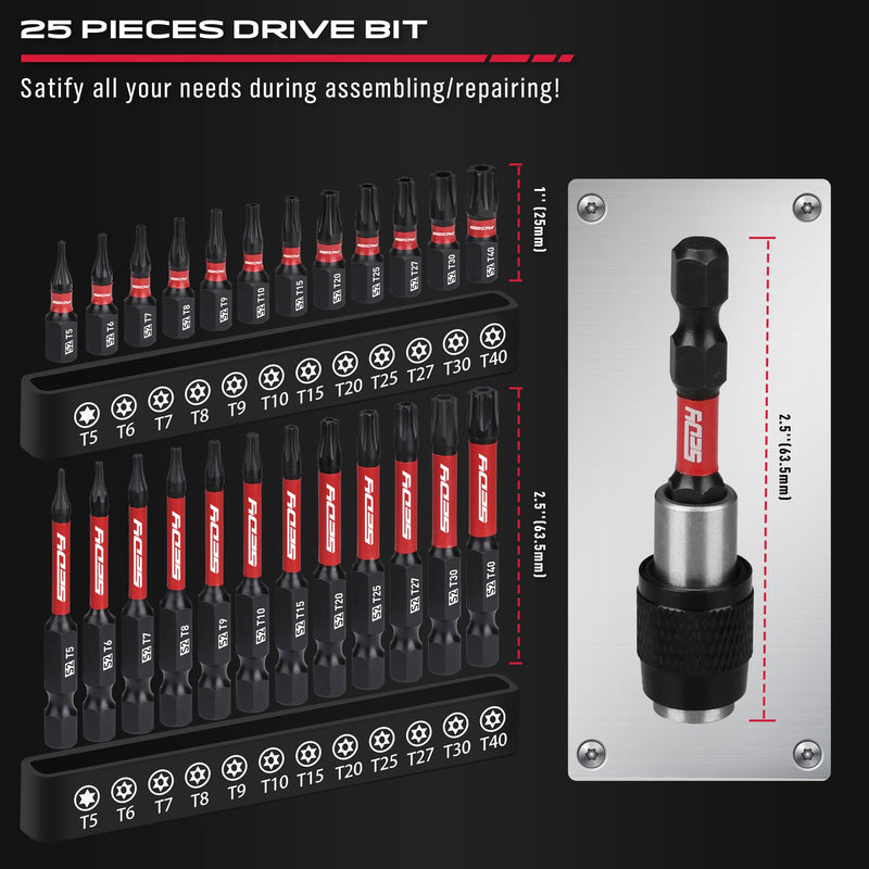 25-piece Torx Bit Set, 1''&2.5'' Security Tamper Proof Torx Impact Screwdriver Bits, T5-T40 CNC Machined Magnetic Tips, S2 Steel Star Bit, High Torque Strength Precision Tools with Storage Box