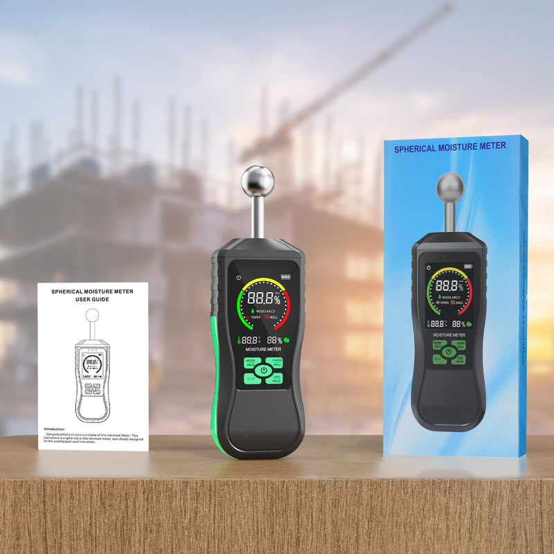 Pinless Moisture Meter, Non-Destructive Spherical Probe Moisture Tester for Wood, Drywall, Concrete & Masonry, Digital Water Leak Detector for Household & Construction Use