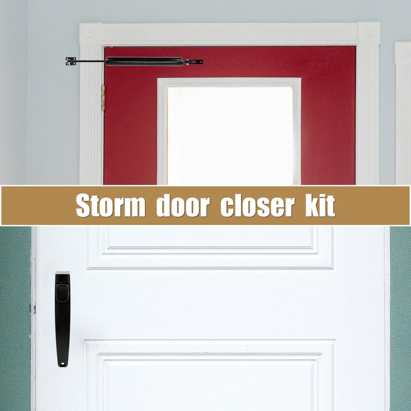 Storm Door Closer & Screen Door Handle, Black Heavy Duty Screen Door Closer Replacement Kit Shock Absorber Bracket with Screen Door Spring Storm Door Latch Protecting from Strong Winds