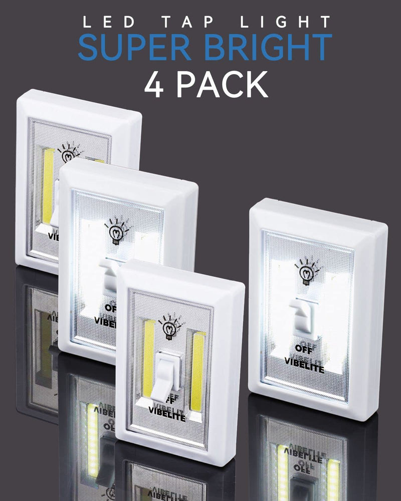 VIBELITE Closet Light, Battery Operated Switch Light, Tap Light, Touch, Push Night Lights, Wall Wireless Mount Under Cabinet, Shelf, Shed, Kitchen, Garage, Attic, RV, Lighting Installations (4-Pack) Battery Excluded White