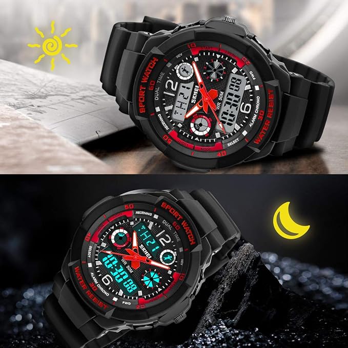 Wristwatch, Kids Digital Watch, 16.8 ft (50 m), Waterproof, Multifunctional, Sports, Boys Watch, Outdoor, Analog, Digital Display, Birthday Gift, 03-red color - NewNest Australia