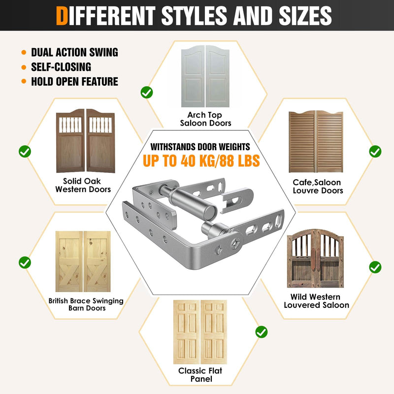 Cafe Door Hinges,Saloon Door Hinge,Swinging Door Hinges,Self Closing,304 Stainless Steel,for Saloon Doors、Cafe Doors、Swinging Doors、Courtyard Door (Silver-2PCS, Big) Silver-2PCS