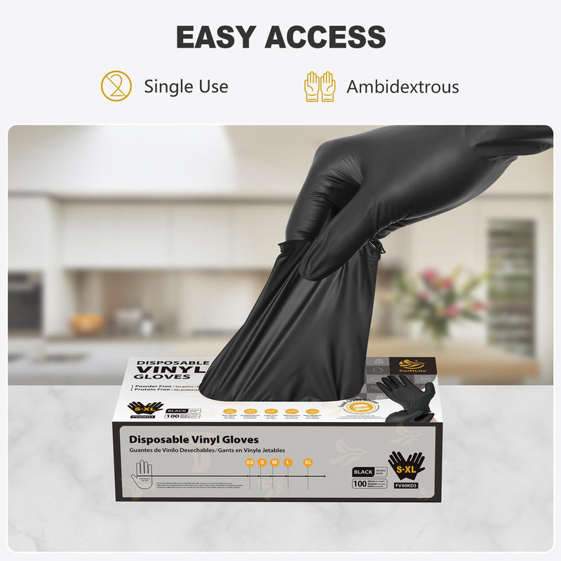 Black Vinyl Gloves, Food Grade Gloves Disposable Latex Free & Powder Free, Guantes for Cleaning Cooking Food Prep Large 100