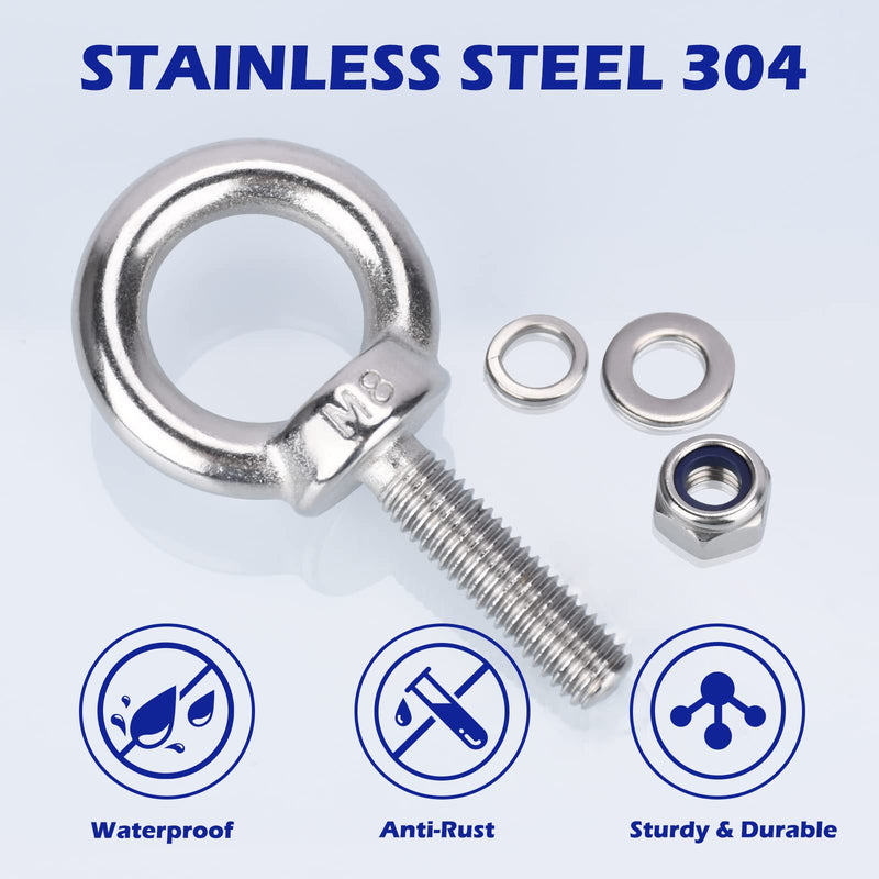 Eye Bolts with Nuts, M8 10Pcs EyeBolts Stainless Steel Machinery Shoulder Lifting Ring Eye Bolt Heavy Duty Screws Bolt with Lock Nuts & Lock Washers, Flat Washers - Thread Length 30mm M8, 10 Pack
