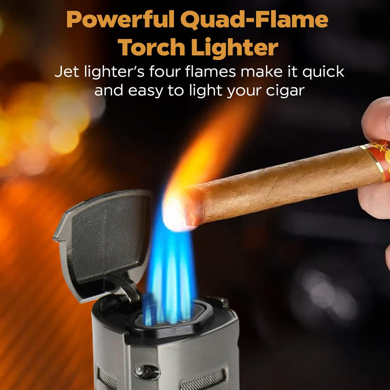 Hammersmith Howitzer Table Butane Torch Lighter for Cigars and Cigarettes, Refillable Lighters, Cigar Torch with Fold-Out Punch Cutter, Push-Button Ignition, & Flame Adjustment - Gunmetal