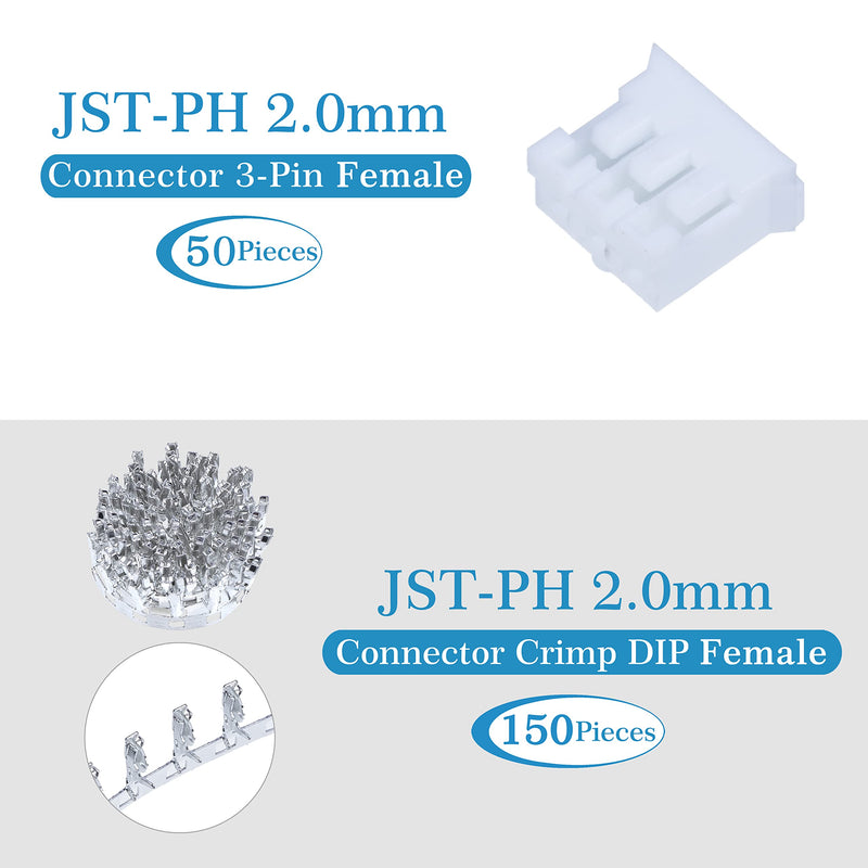 JST PH 2.0 mm Pitch 3-Pin Electronic Computer Connector IC Male Plugs, Female Sockets Housing and T-Shaped Crimp Terminal Kit. 50 Sets/250 Pieces Wire-to-Board Adapter Cable Assembly.