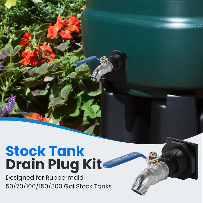 Stock Tank Drain Plug Kit for rubbermaid Commercial 50 70 100 150 300 Gallon Stock Tanks with 3/4" NPT ×3/4" GHT Stainless Hose Faucet Garden Hose Connector