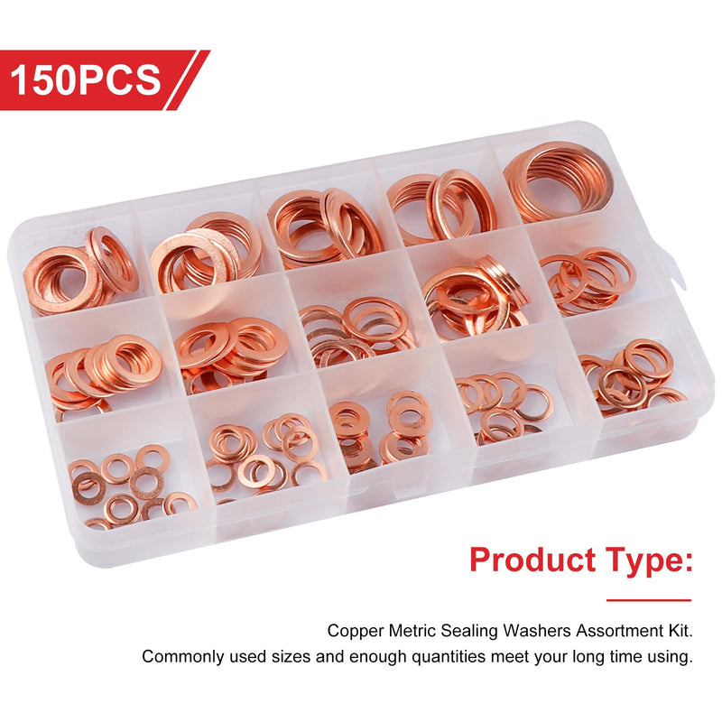 150Pcs Copper Sealing Washers M22 M20 M18 M16 M14 M12 M10 M8 M6 M5 15 Size Crush Washers Assortment Kit (Copper)