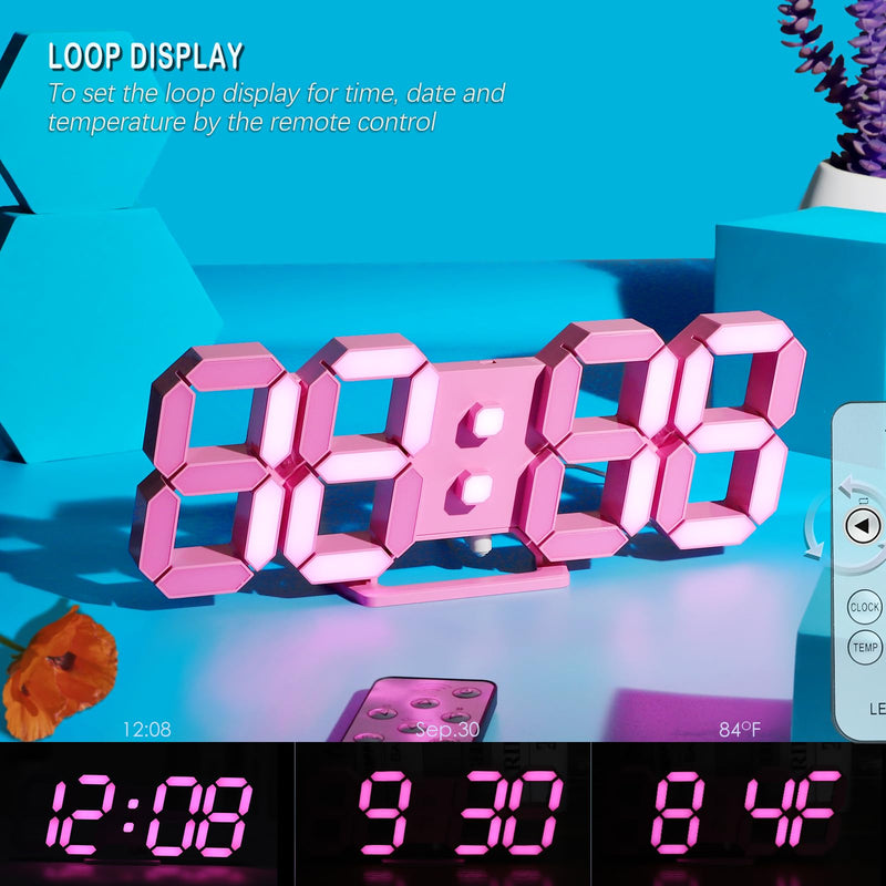 KOSUMOSU Pink LED Clock 3D Wall Clock 9.7" Table Clock for Living Room Modern Digital Clock for Bedroom Aesthetic Bedside Desk Clock with Remote/Dimming/12/24H/Temp/Alarm Clock/Date 9.7in Pink Clock-pink Light