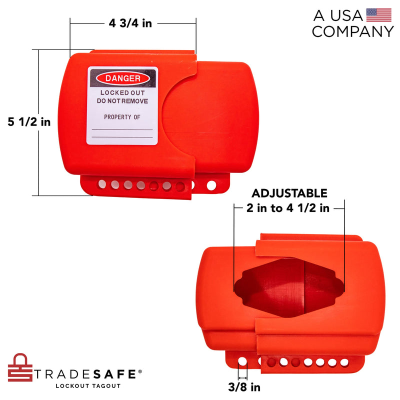 TRADESAFE Adjustable Flanged Ball Valve Device - Red Lockout Tagout Valve Lock for 2 inch to 4-1/2 inch Flange Ball Valve, Adjustable Gas, Oil, or Water Valve Lock, Premium Grade Polypropylene