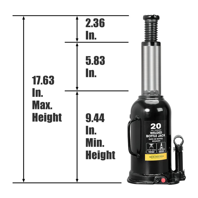 Torin 20 Ton (40,000 LBs) Capacity Hydraulic Welded Heavy Duty Bottle Jack, AT92003BB , Black Standard 20 Ton (40,000 LBs)
