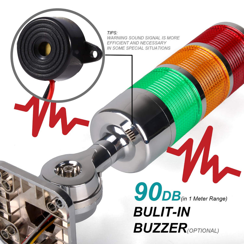 12-24V LED Stack Tower Lights, Industrial Warning Lights, Andon Lights, Column Signal Tower Indicator Lamp Beacon, Continuous/Flashing Light Switchable, 3 Layer (with Buzzer) DC 12 to 24V 3-Layers/with Buzzer
