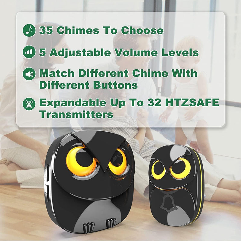Wireless Doorbell, Cute Owl Doorbell Weatherproof IP55 Outdoor Remote Push Button- 1000 Feet Long Wireless Range, 1 Receiver + 1 Transmitter, Black 1 Receiver + 1 Transmitter - Black