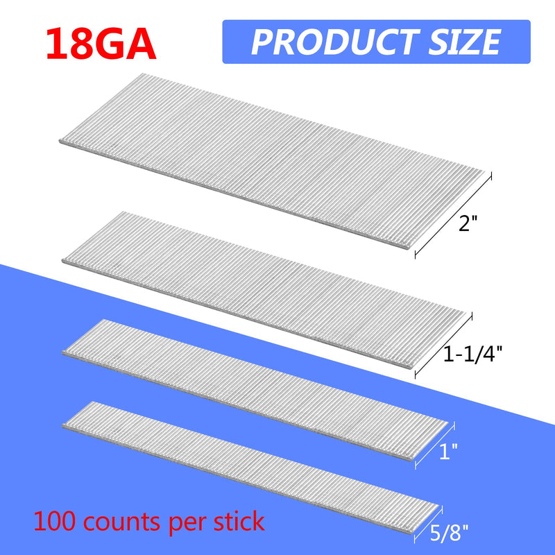 18 Gauge Brad Nails (2",1-1/4",1",5/8 inch) 1600 pcs 18 GA Nail Gun Nails Assorted and Small Finishing Nails for Pneumatic, Electric Brad Nailer (Galvanized steel) Galvanized steel