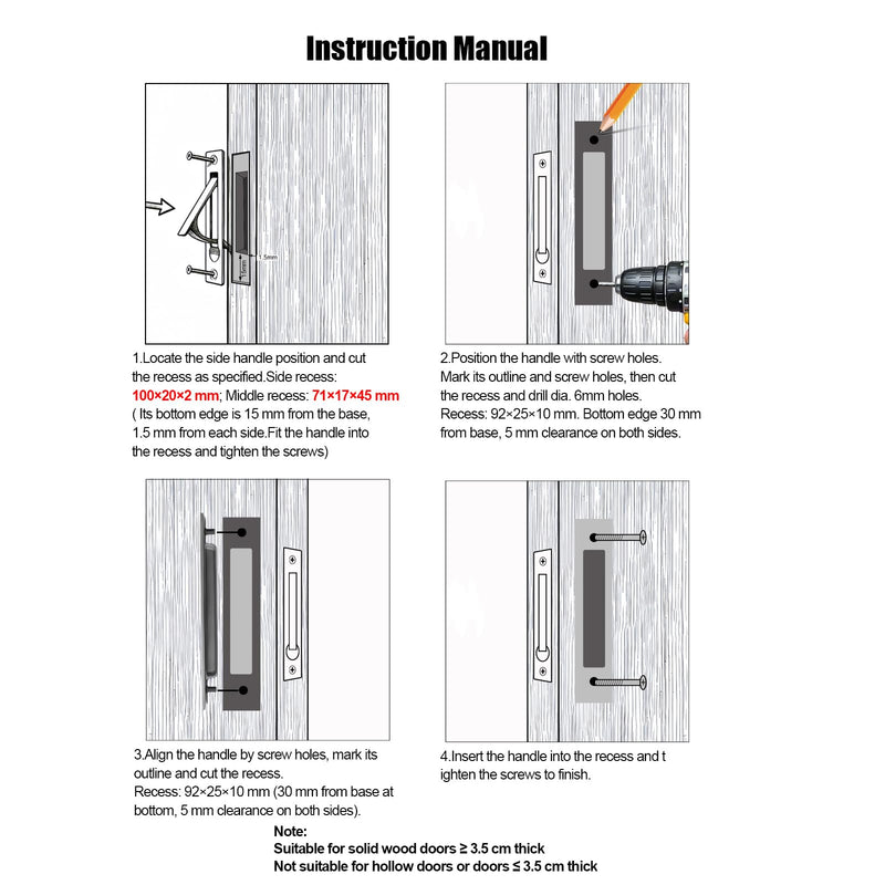 6 in Pocket Door Pulls& Edge Pull Set Solid Wood Sliding Door Hardware Kit, Rectangular Recessed Flush FingerHandle, Used for Pocket & Barn Doors Brushed Stainless Steel 3-piece Set Brushed Stainlless Steel