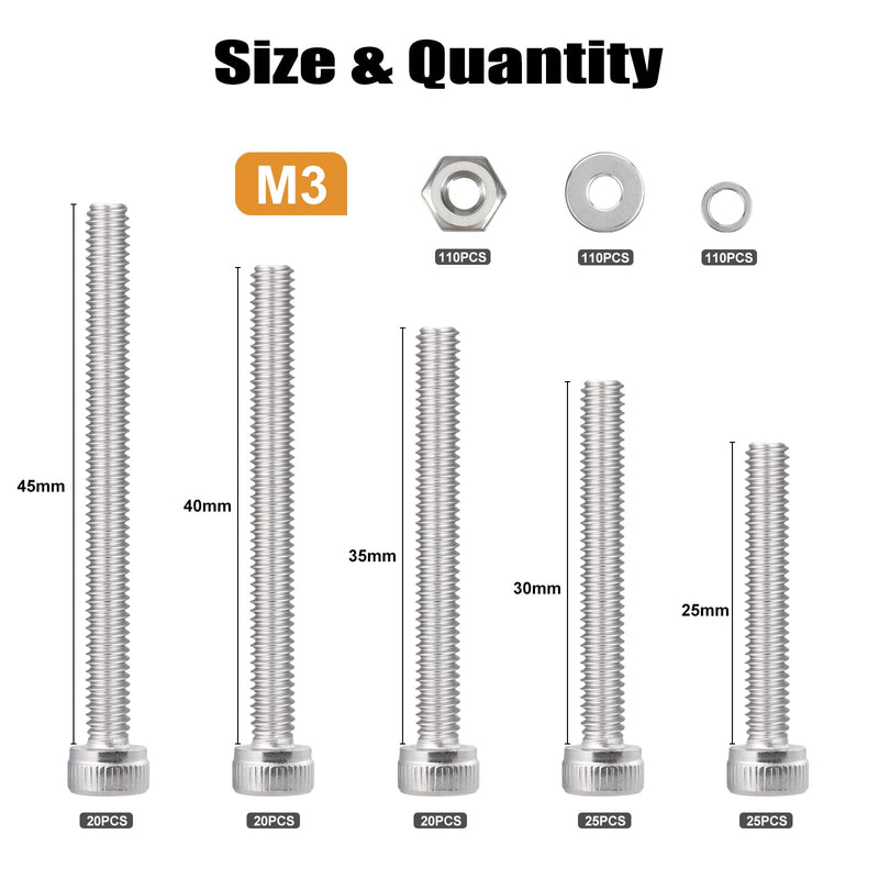 440pcs M3 Screw Assortment Kit, M3 x 25/30/35/40/45mm, M3 Screws Bolts for 3D Printer DIY, Hex Socket Head Cap Screws Bolts Nuts Washer Kit, 304 Stainless Steel M3x25/30/35/40/45mm