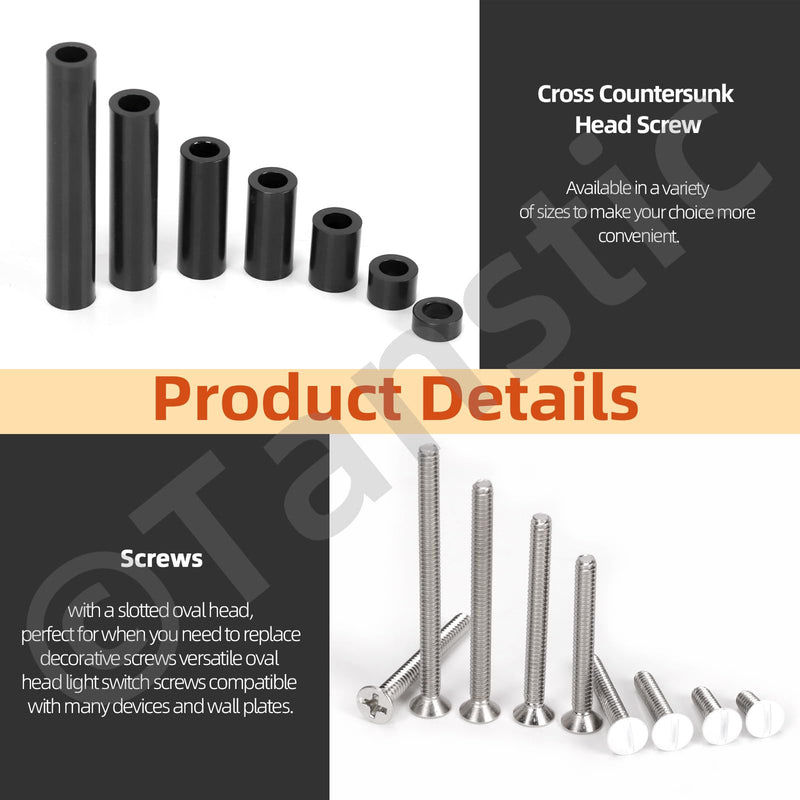 Tanstic 385Pcs Extra Long Outlet Screws & Wall Plate Screws & Electrical Outlet Screws Spacers Kit, Long Electrical Outlet Screws Outlet Cover Screws Black Nylon Round Spacer