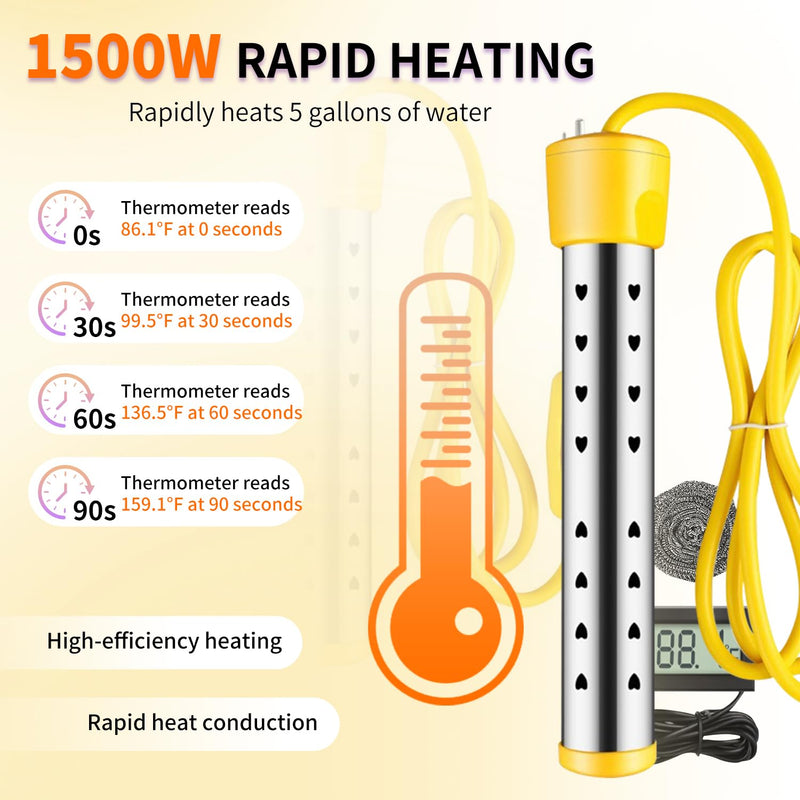 Portable Water Heaters 1500W, Immersion Water Heater Electric with Digital LCD Thermometer, Bucket Heater with 304 SS Guard Fast Heating Suitable for Small Pools, Bathtubs, Buckets, Tanks