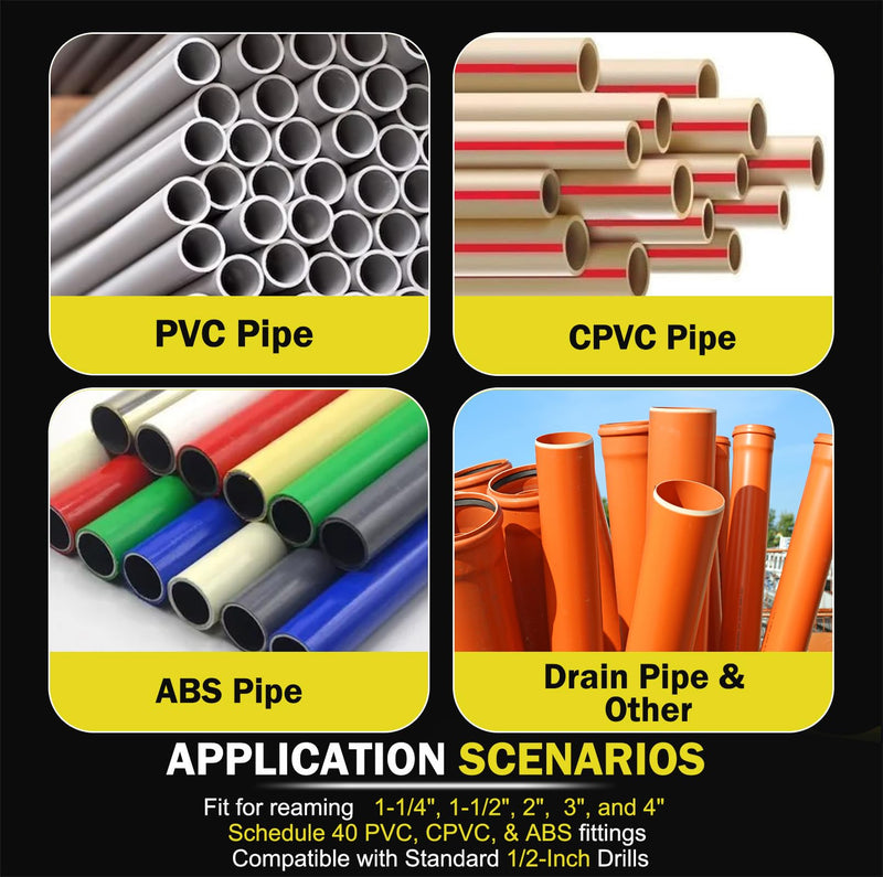 PVC Pipe Reamer Kit, 5-Piece Pipe Fitting Reamer Tool for Plumbing Repairs 1.25+1.5+2+3+4 Inch
