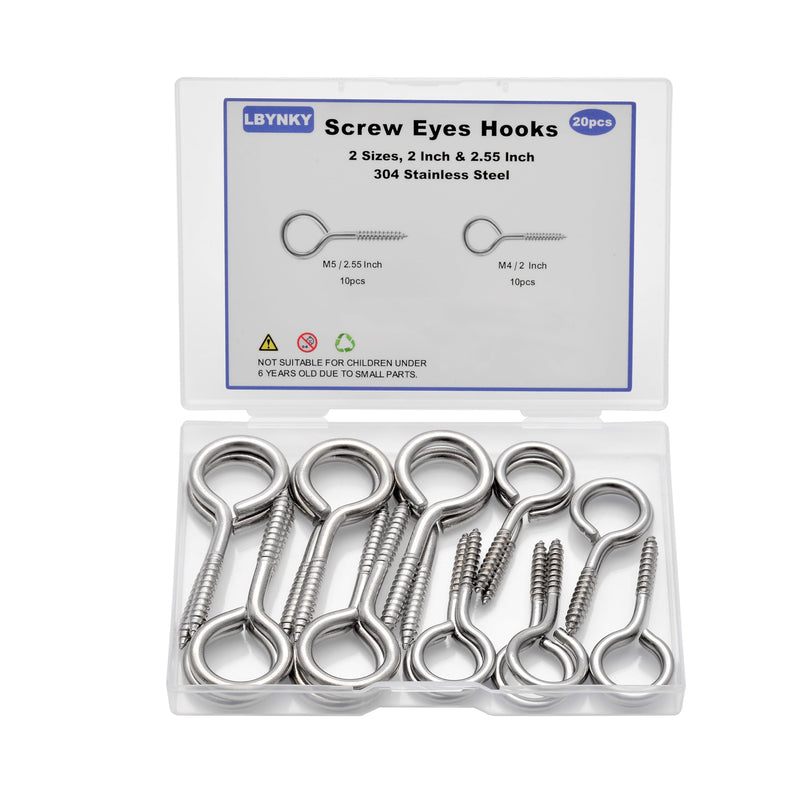 20 PCS Eye Screws 2.55 Inch & 2 Inch Stainless Steel Eye Bolt, Heavy Duty Screw Eyes for Wood, Eye Hooks Screw for Secure Cable Wires, Indoor & Outdoor Use, 2 Sizes