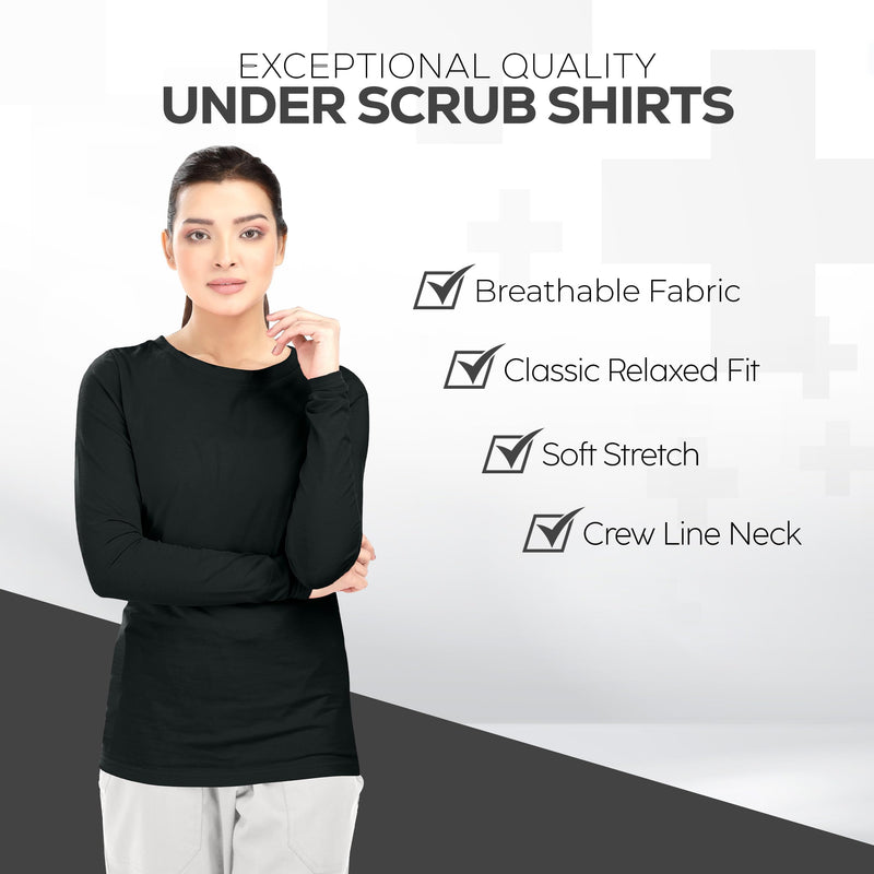 NY Threads Women's Under Scrub Long Sleeve T-Shirt Underscrub Comfort Tee Black Large