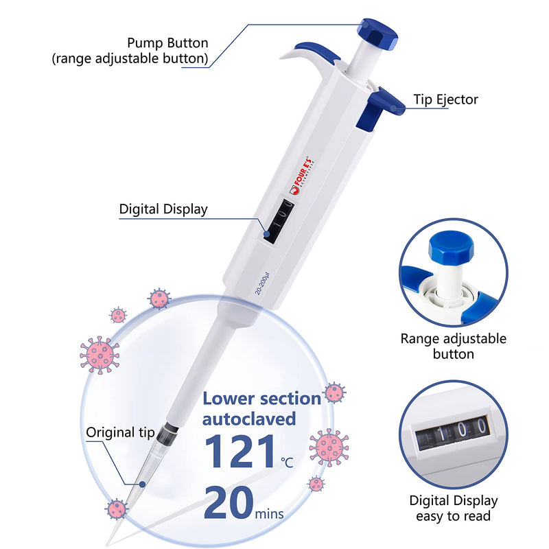 FOUR E'S SCIENTIFIC 20-200uL Single Channel Manual Pipette with 200uL Pipette Tips