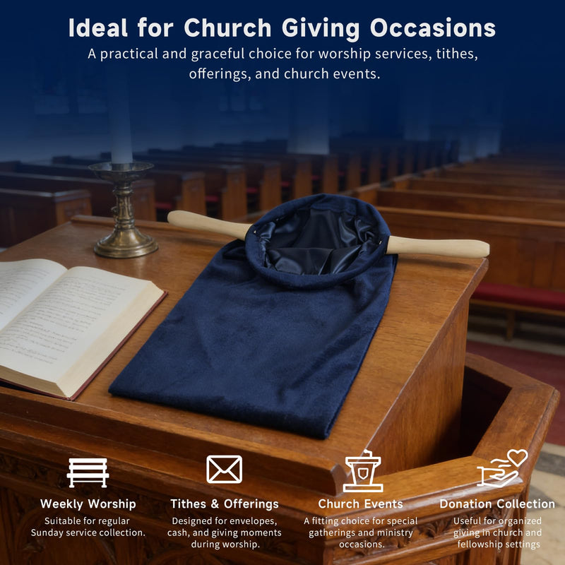2 Pack Royal Blue Church Offering Bags with Wooden Handles, Velvet Tithe Collection Bags with Neat Open Shape and Lined Interior for Worship Service and Church Giving
