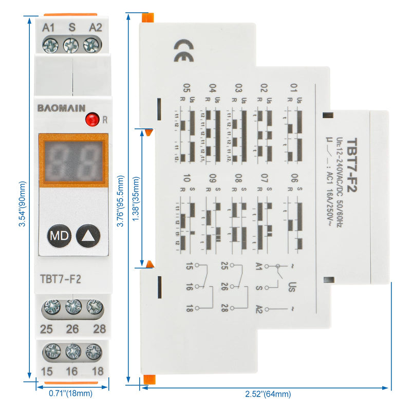 Baomain Digital Multi-Function Time Relay, 16A 20-Delay Modes 0.1s~99d, DIN Rail Mounting Timer Relay TBT7-F2 (2-SPDT)