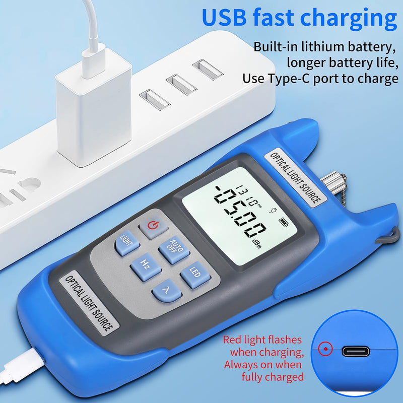 Rechargeable Fiber Optic Light Source A-C1315 Fiber Optic Cable Tester Single-Mode Dual wavelength 1310/1550nm Fiber Optic Power Meter Suitable for SC/FC/ST/LC Interface Equipped with 1 FC-LC Adapter
