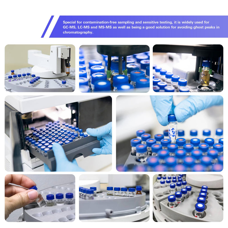 ALWSCI Ultraclean Vials for Chromatography Kit, 2 ml 9 mm HPLC Vial, Amber Autosampler Vial with Graduation, 9-425 Blue Screw Cap with Hole, Red PTFE&White Silicone Septa, 100 of Pack